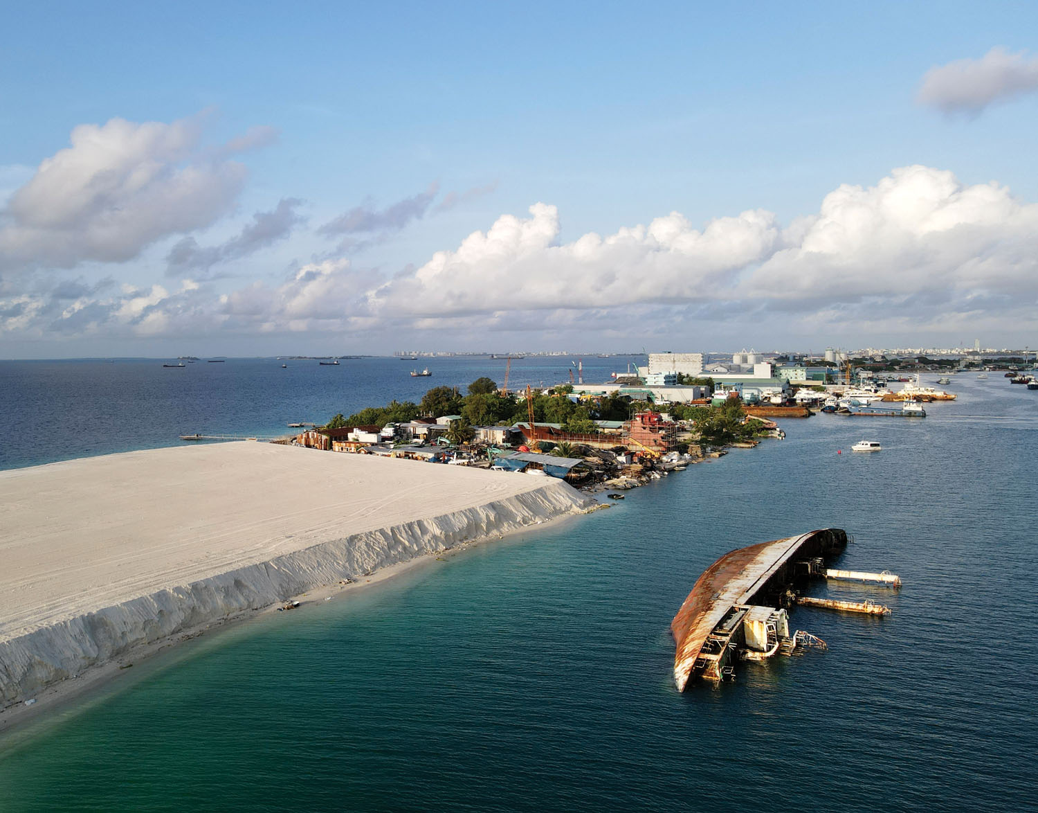 Newly reclaimed area on the island of Thilafushi, first established to help address the problem of excess waste in Malé, the capital city of Maldives. The increase in visitors has led to an almost unmanageable amount of garbage.