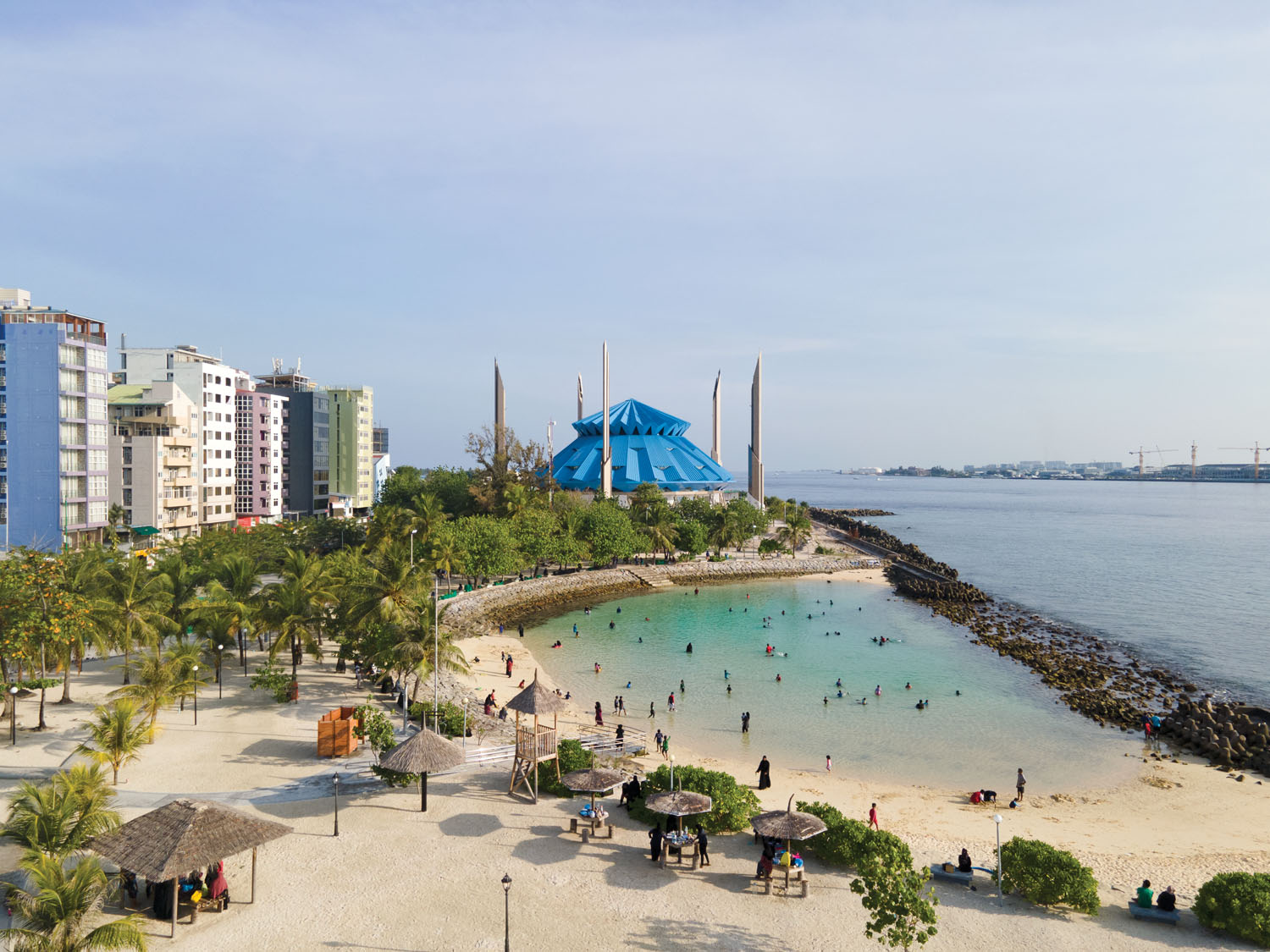 Tetrapods and dikes have been positioned offshore to protect the artificial beach near the King Salman Mosque in Malé.