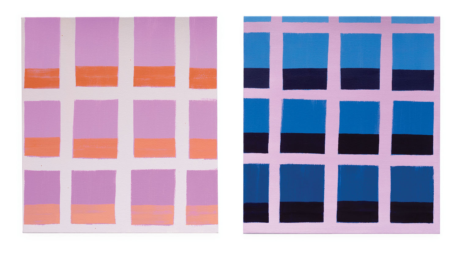 Left: mira, Anochecido Rosado, 2019. Oil on canvas, 22” x 20”. Right: mira, Noche Azul, 2019. Oil on canvas, 22” x 20”.