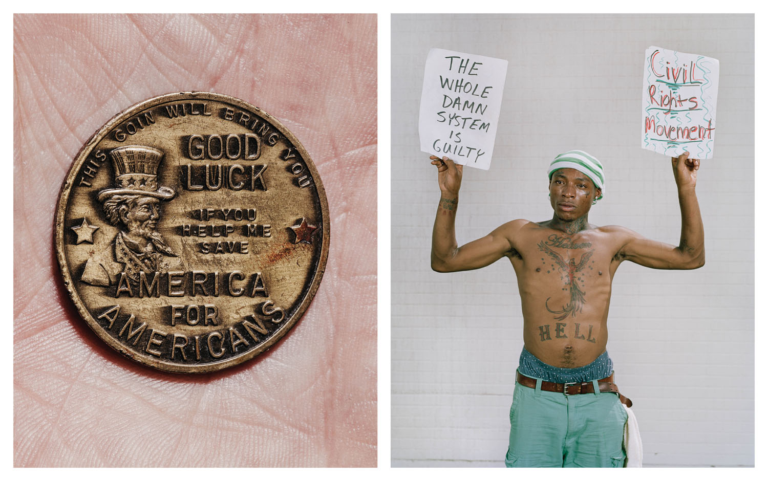 LEFT: A brass coin created and distributed in 1940 by Hugh T. Fisher, a former member of the Kansas senate, to stimulate “democratic thinking” in Kansans. RIGHT: Ferguson youth activist Dontey Carter. “This isn’t just a stand for Michael Brown. This is a stand for everybody that needs justice. The officers need to protect and serve, not reject and keep us scared. We need this and that is why as young people this is our civil rights movement. We will take it all the way to the Supreme Court if we have to.”